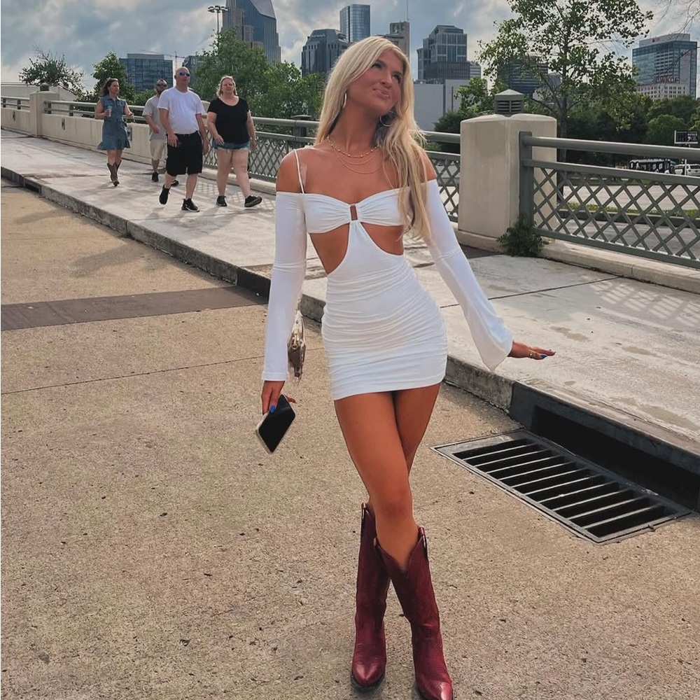 Princess Polly White Long Sleeve Off Shoulder Mini Dress